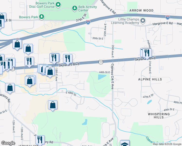 map of restaurants, bars, coffee shops, grocery stores, and more near 2320 44th Street East in Tuscaloosa