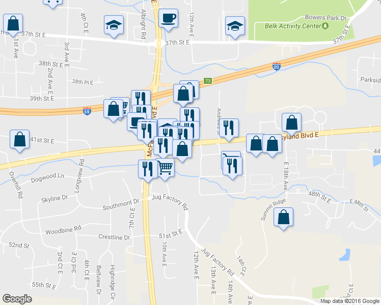 map of restaurants, bars, coffee shops, grocery stores, and more near 1111 Skyland Boulevard East in Tuscaloosa