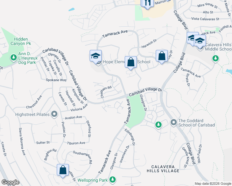 map of restaurants, bars, coffee shops, grocery stores, and more near 3538 Ridgewood Way in Carlsbad