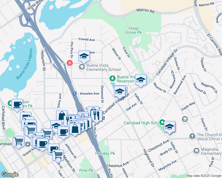 map of restaurants, bars, coffee shops, grocery stores, and more near 2862 Highland Drive in Carlsbad