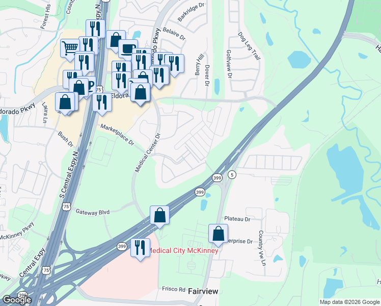 map of restaurants, bars, coffee shops, grocery stores, and more near 3191 Medical Center Drive in McKinney