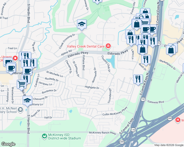 map of restaurants, bars, coffee shops, grocery stores, and more near 2407 Bastille Court in McKinney