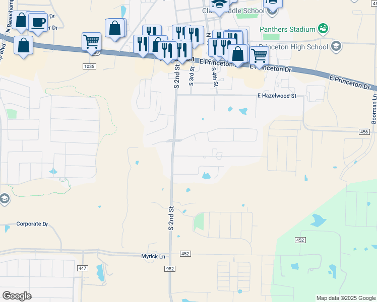 map of restaurants, bars, coffee shops, grocery stores, and more near 207 Harvard Drive in Princeton
