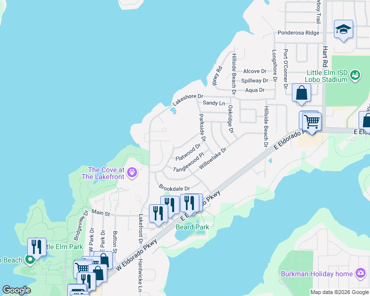 map of restaurants, bars, coffee shops, grocery stores, and more near 216 Northwood Drive in Little Elm