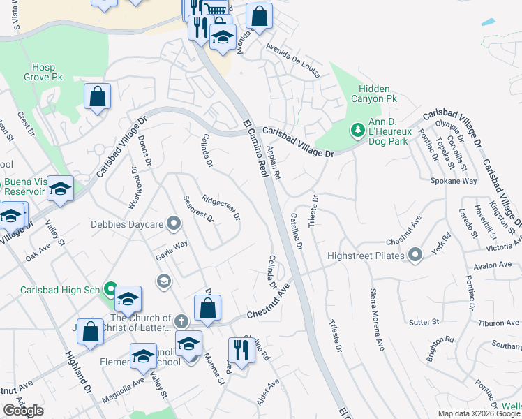 map of restaurants, bars, coffee shops, grocery stores, and more near 3442 Celinda Drive in Carlsbad