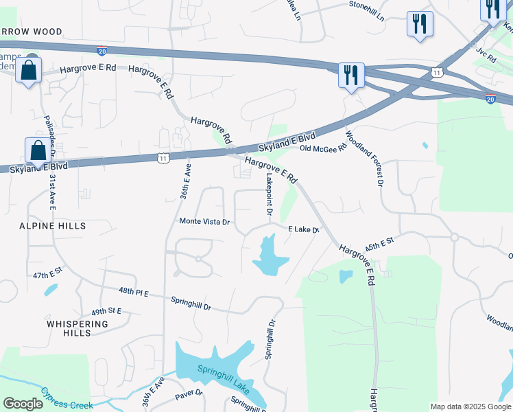 map of restaurants, bars, coffee shops, grocery stores, and more near 4207 Lake Bend Drive in Tuscaloosa