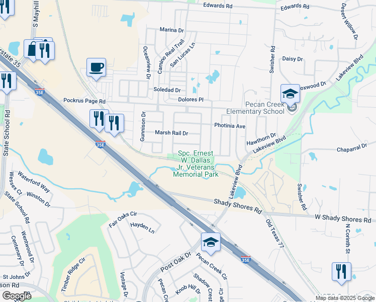 map of restaurants, bars, coffee shops, grocery stores, and more near 6020 Goldenrod Drive in Denton