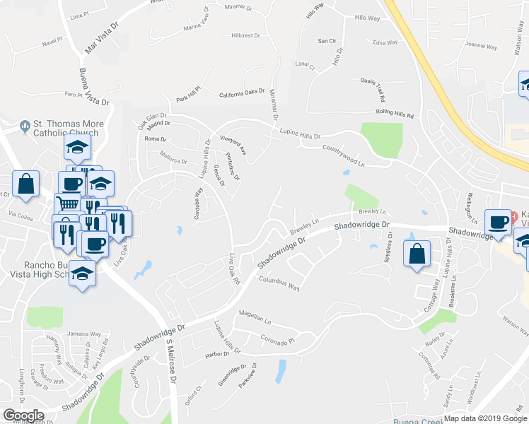 map of restaurants, bars, coffee shops, grocery stores, and more near 1994 Lemonwood Lane in Vista