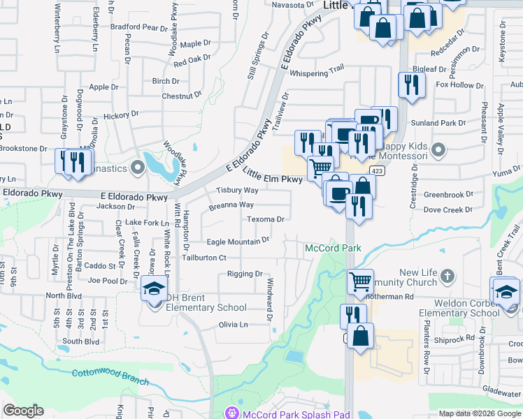 map of restaurants, bars, coffee shops, grocery stores, and more near 2420 Breanna Way in Little Elm