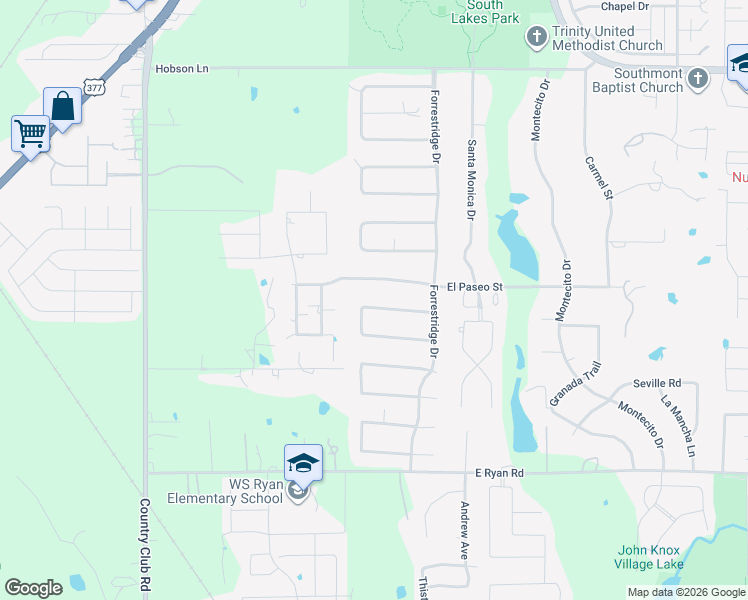 map of restaurants, bars, coffee shops, grocery stores, and more near 108 El Paseo Street in Denton