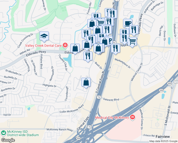 map of restaurants, bars, coffee shops, grocery stores, and more near 3300 Craig Drive in McKinney