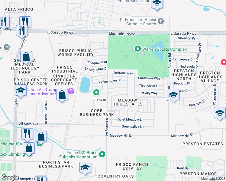 map of restaurants, bars, coffee shops, grocery stores, and more near 7491 Chinaberry Lane in Frisco
