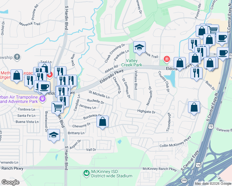 map of restaurants, bars, coffee shops, grocery stores, and more near 2609 Tourette Court in McKinney