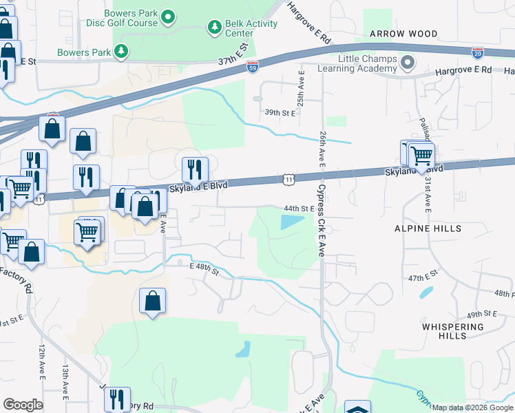 map of restaurants, bars, coffee shops, grocery stores, and more near 2303 44th Street East in Tuscaloosa