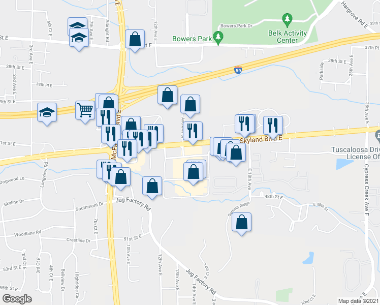 map of restaurants, bars, coffee shops, grocery stores, and more near 1511 Skyland Boulevard East in Tuscaloosa