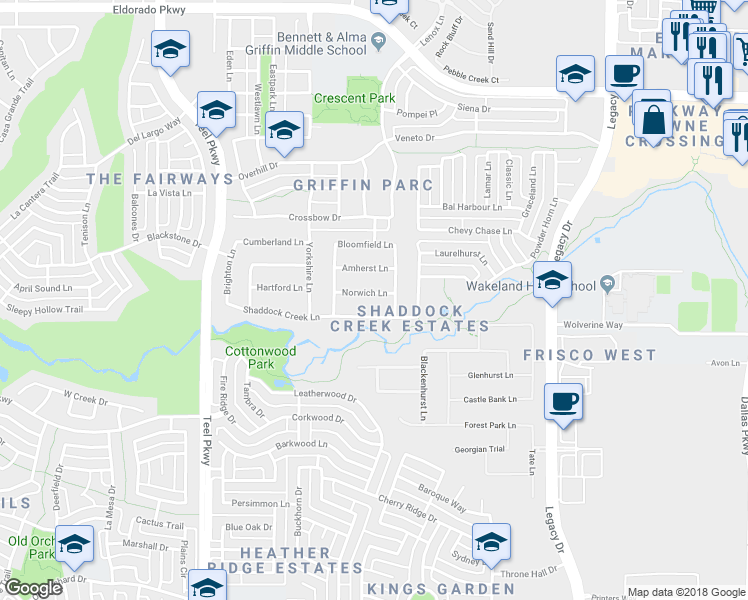 map of restaurants, bars, coffee shops, grocery stores, and more near 3711 Norwich Lane in Frisco