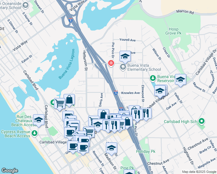 map of restaurants, bars, coffee shops, grocery stores, and more near 1130 Knowles Avenue in Carlsbad