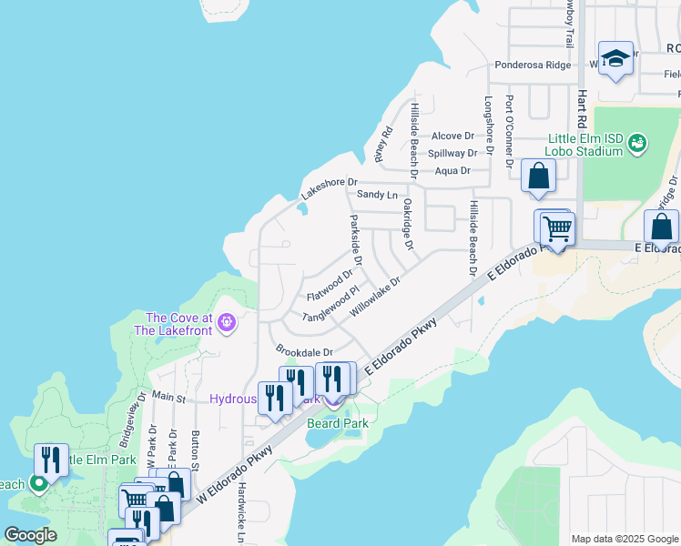 map of restaurants, bars, coffee shops, grocery stores, and more near 253 Flatwood Drive in Little Elm