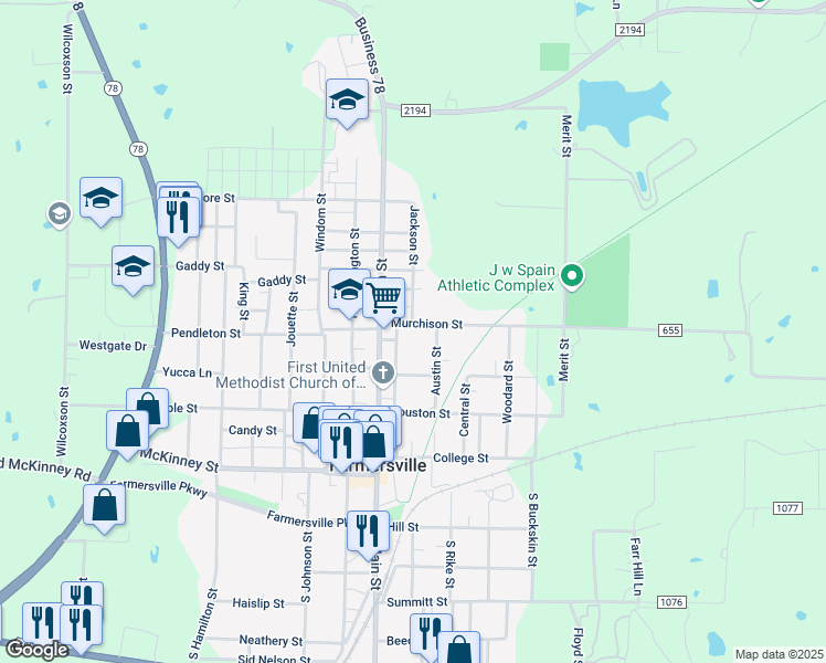 map of restaurants, bars, coffee shops, grocery stores, and more near 116 Murchison Street in Farmersville