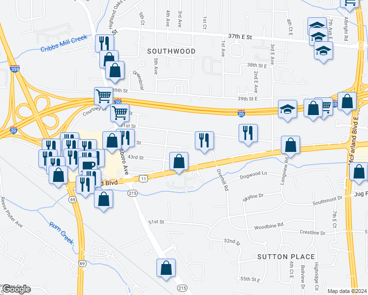 map of restaurants, bars, coffee shops, grocery stores, and more near 410 42nd Street in Tuscaloosa