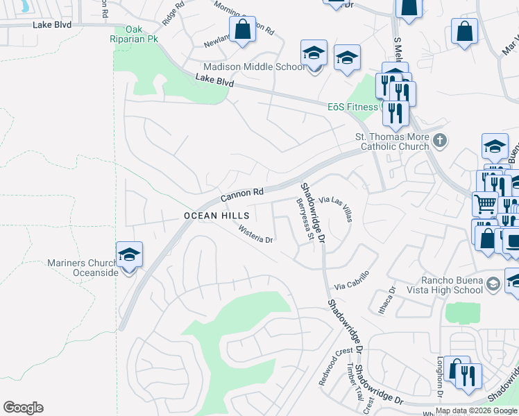 map of restaurants, bars, coffee shops, grocery stores, and more near 5102 Mocha Court in Oceanside