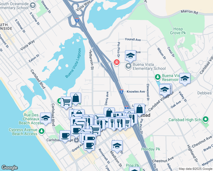 map of restaurants, bars, coffee shops, grocery stores, and more near 1090 Buena Place in Carlsbad