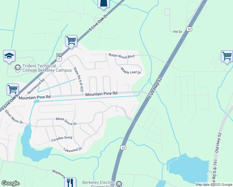 map of restaurants, bars, coffee shops, grocery stores, and more near 142 Underbrush Court in Moncks Corner