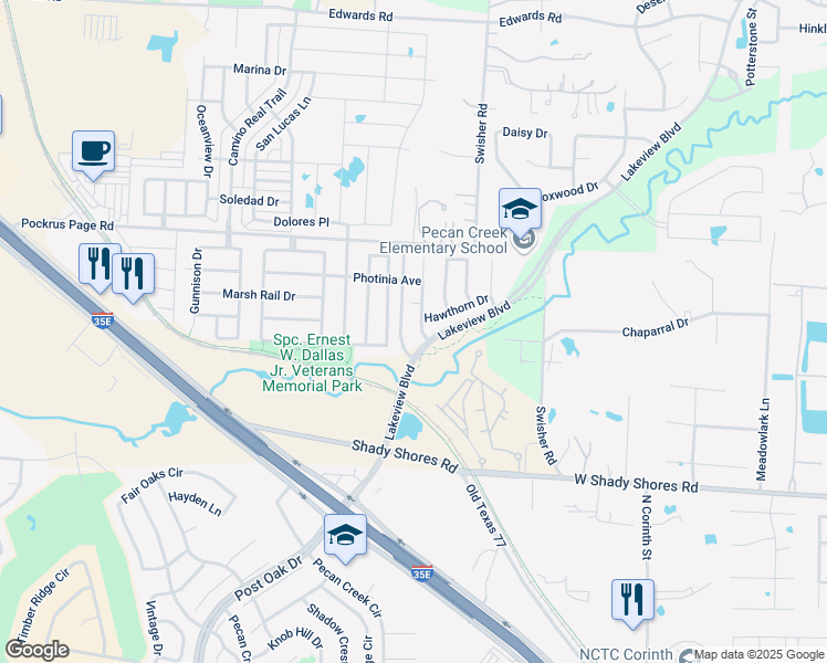 map of restaurants, bars, coffee shops, grocery stores, and more near 4721 Redbud Drive in Denton
