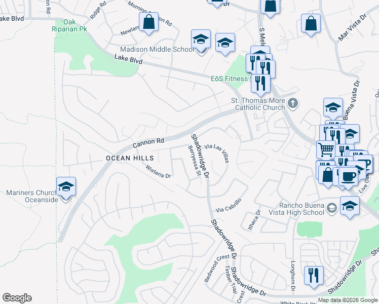 map of restaurants, bars, coffee shops, grocery stores, and more near 5119 Berryessa Street in Oceanside