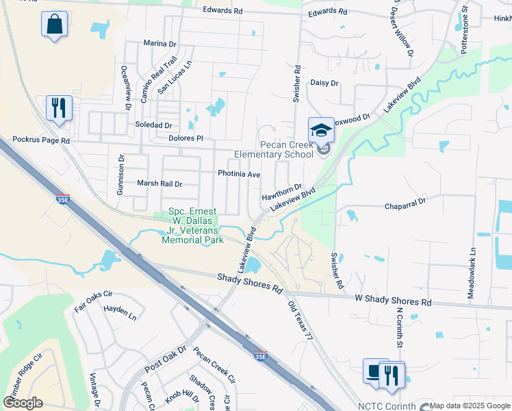 map of restaurants, bars, coffee shops, grocery stores, and more near 4721 Redbud Drive in Denton