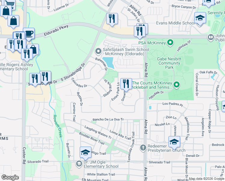 map of restaurants, bars, coffee shops, grocery stores, and more near 3412 Estes Park Lane in McKinney