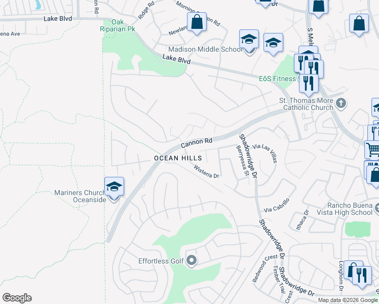 map of restaurants, bars, coffee shops, grocery stores, and more near 5110 Wisteria Drive in Oceanside
