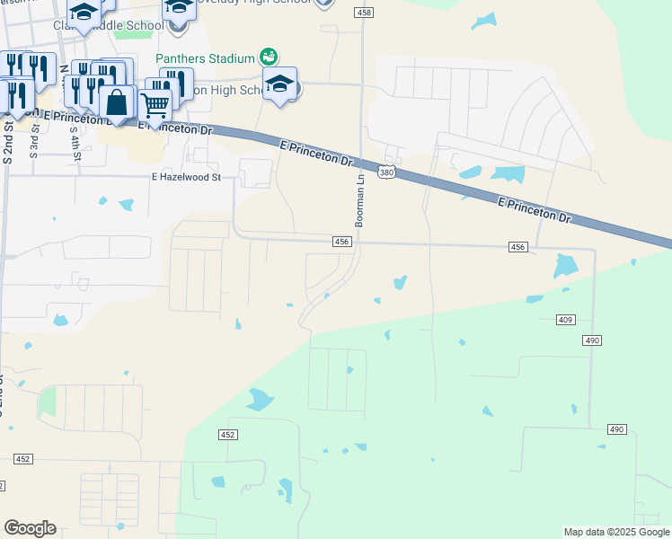 map of restaurants, bars, coffee shops, grocery stores, and more near 1215 County Road 456 in Princeton