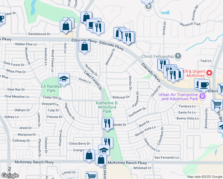 map of restaurants, bars, coffee shops, grocery stores, and more near 4612 Wedgewood Drive in McKinney