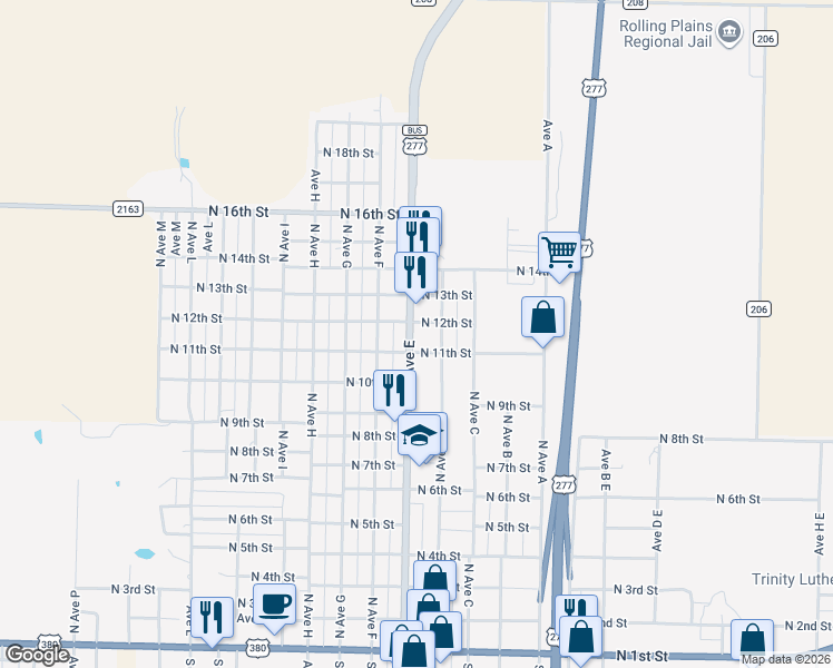 map of restaurants, bars, coffee shops, grocery stores, and more near 1104 North Avenue East in Haskell