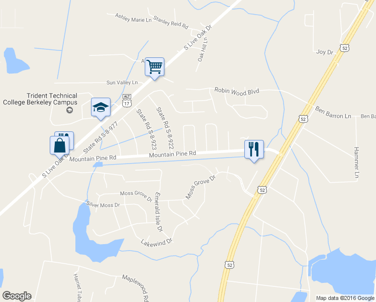 map of restaurants, bars, coffee shops, grocery stores, and more near 99 White Pine Court in Moncks Corner