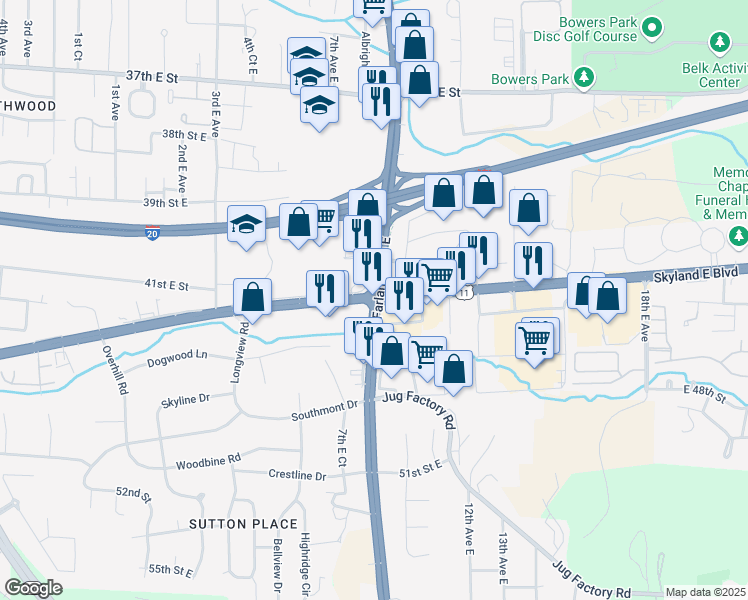 map of restaurants, bars, coffee shops, grocery stores, and more near 408 Skyland East Boulevard in Tuscaloosa