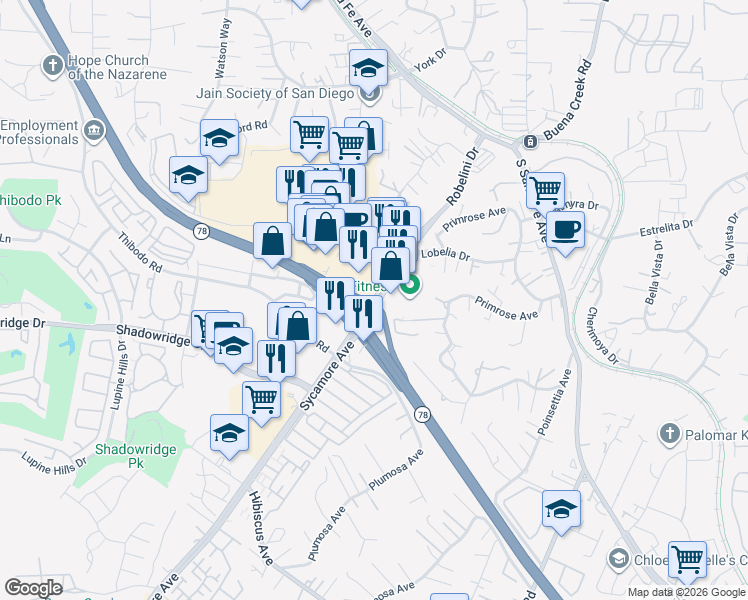 map of restaurants, bars, coffee shops, grocery stores, and more near 469 Sycamore Avenue in Vista