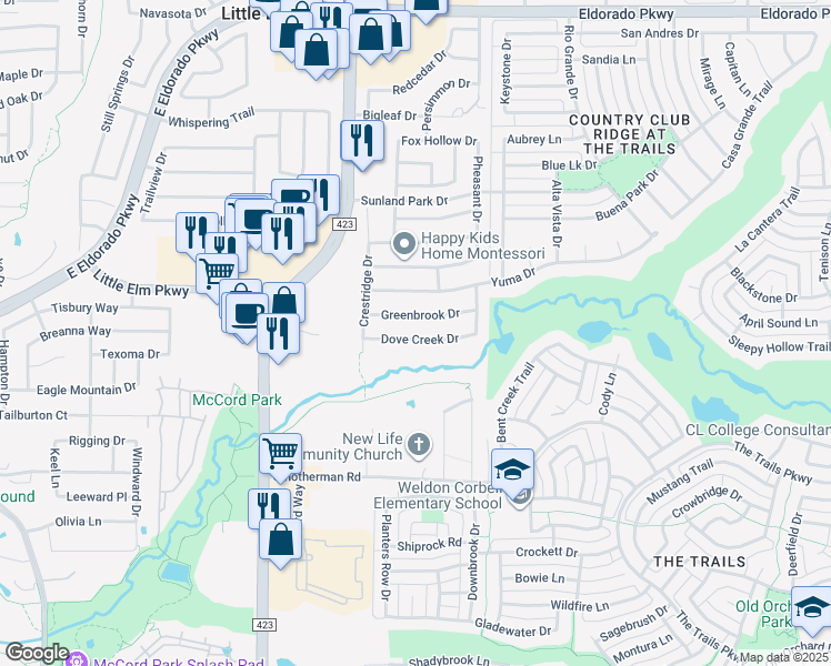 map of restaurants, bars, coffee shops, grocery stores, and more near 2437 Dove Creek Drive in Little Elm