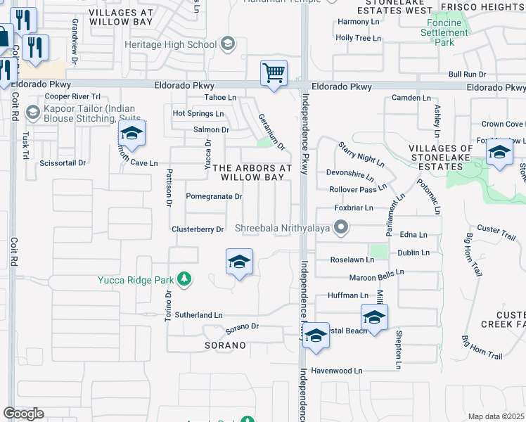 map of restaurants, bars, coffee shops, grocery stores, and more near 10960 Panorama Drive in Frisco