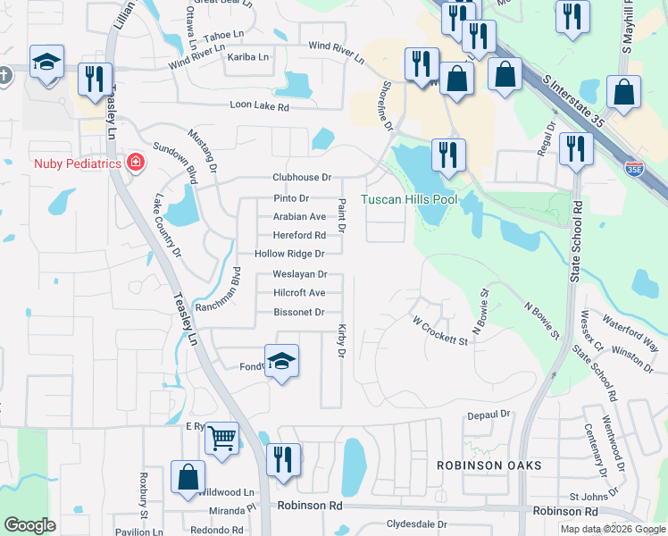 map of restaurants, bars, coffee shops, grocery stores, and more near 2817 Weslayan Drive in Denton