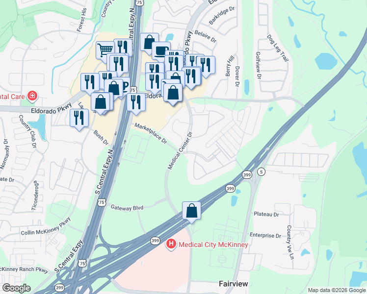 map of restaurants, bars, coffee shops, grocery stores, and more near 3200 Medical Center Drive in McKinney