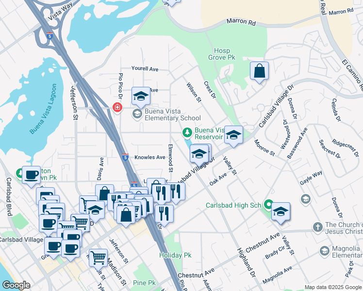 map of restaurants, bars, coffee shops, grocery stores, and more near 2862 Highland Drive in Carlsbad