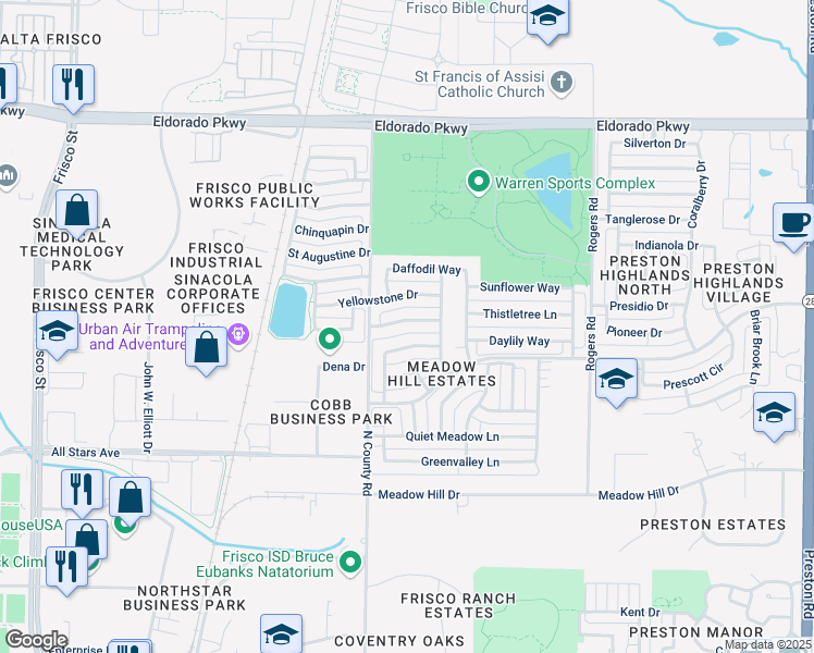 map of restaurants, bars, coffee shops, grocery stores, and more near 7491 Chinaberry Lane in Frisco