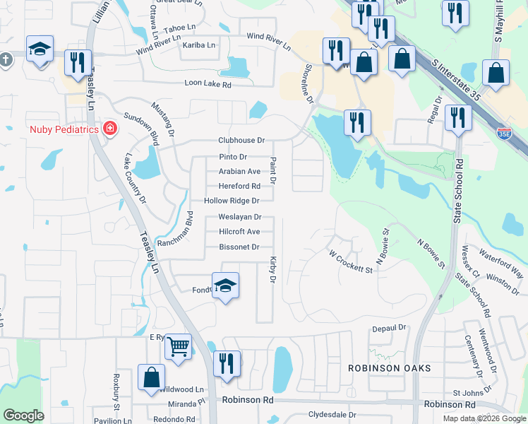 map of restaurants, bars, coffee shops, grocery stores, and more near 2817 Weslayan Dr in Denton