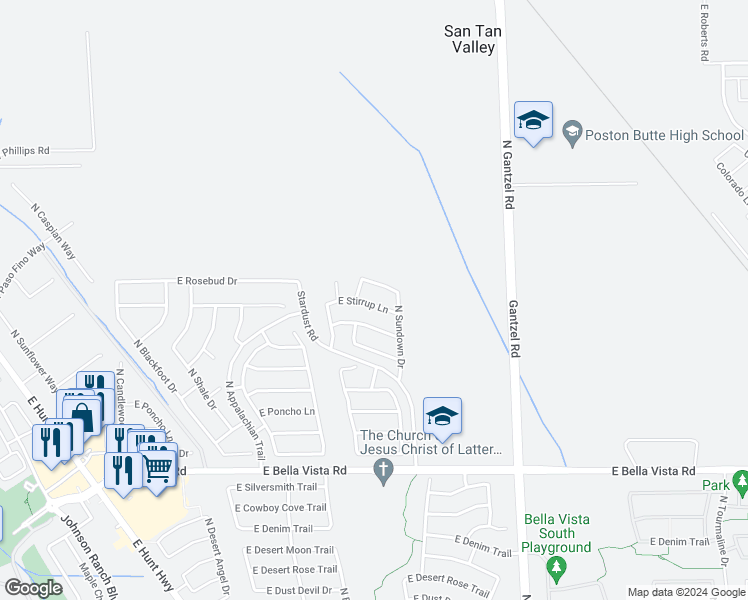 map of restaurants, bars, coffee shops, grocery stores, and more near 1452 East Stirrup Lane in San Tan Valley
