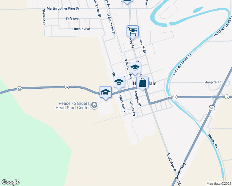 map of restaurants, bars, coffee shops, grocery stores, and more near 502 West Washington Street in Hollandale
