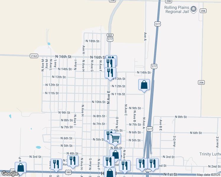 map of restaurants, bars, coffee shops, grocery stores, and more near 1104 North Avenue East in Haskell