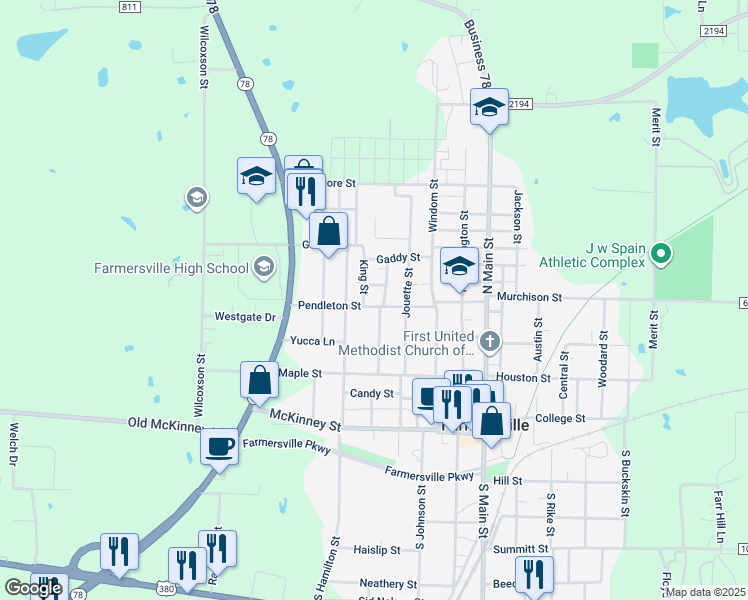 map of restaurants, bars, coffee shops, grocery stores, and more near 500 Pendleton Street in Farmersville