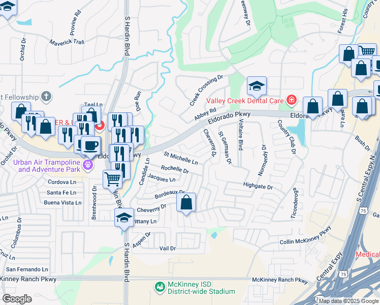 map of restaurants, bars, coffee shops, grocery stores, and more near 3007 Saint Tropez Court in McKinney
